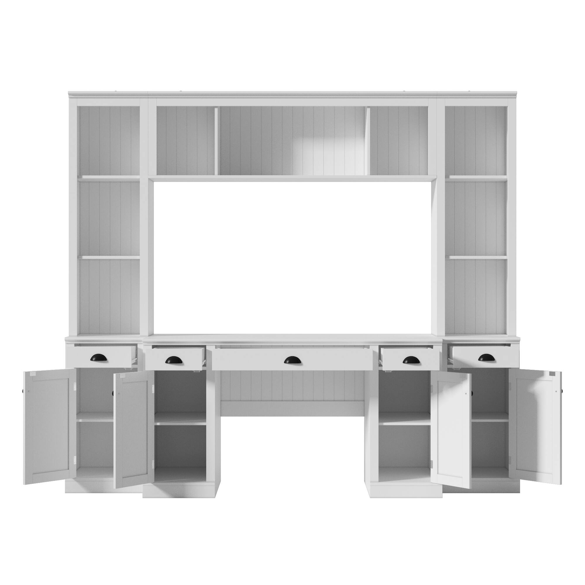 Back. Famapy - All-in-One Wall Bookcase Desk Combo – 5 Drawers, 9 Open Shelves, 8 Closed Compartments for Home Office, Media Room - White.