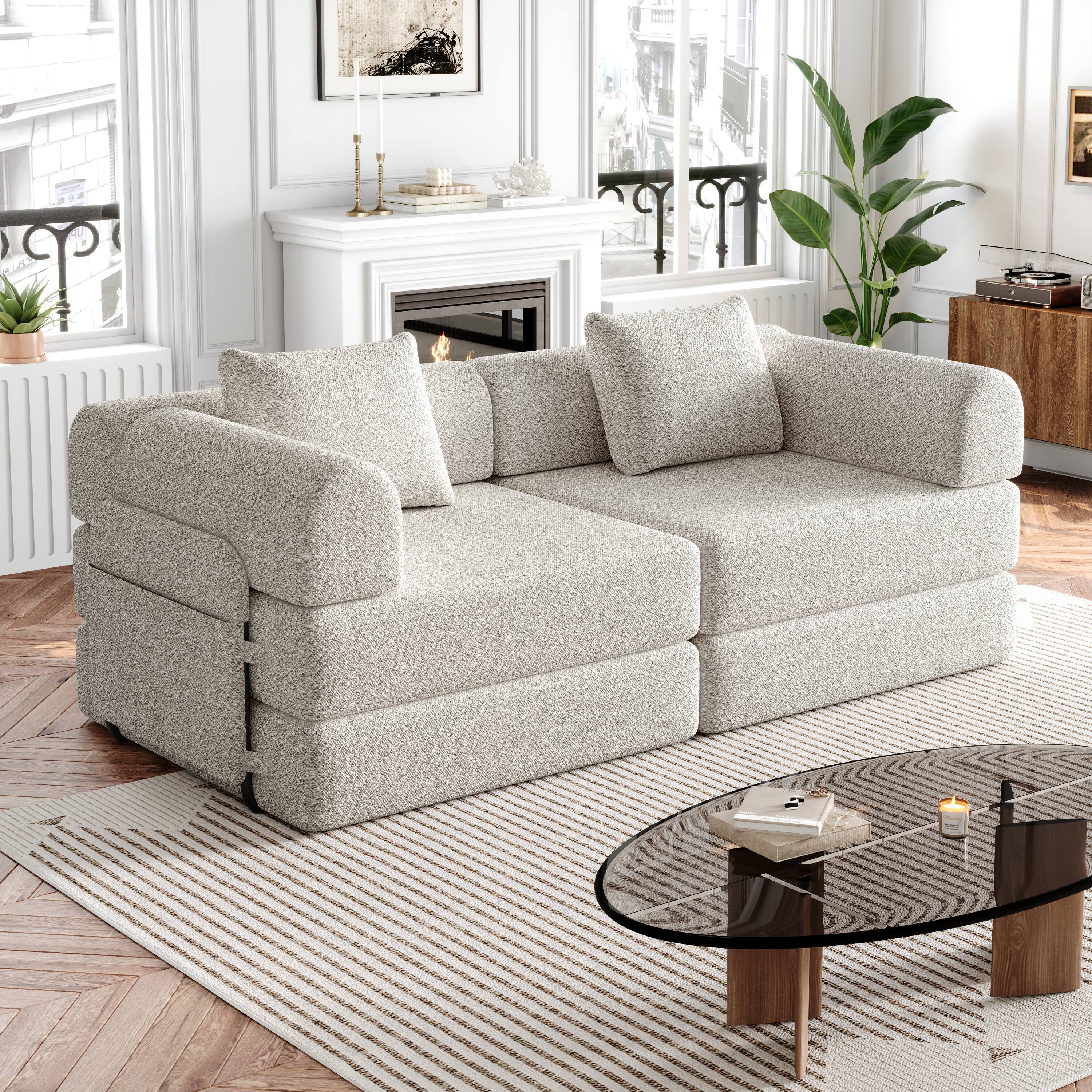 Left. Trinkets Crazed - Convertible Sofa Bed, 72.4" Loveseat Sofa With Storage Pockets Modular Sleeper Couch Chenille Folding Floor Couch - Beige.