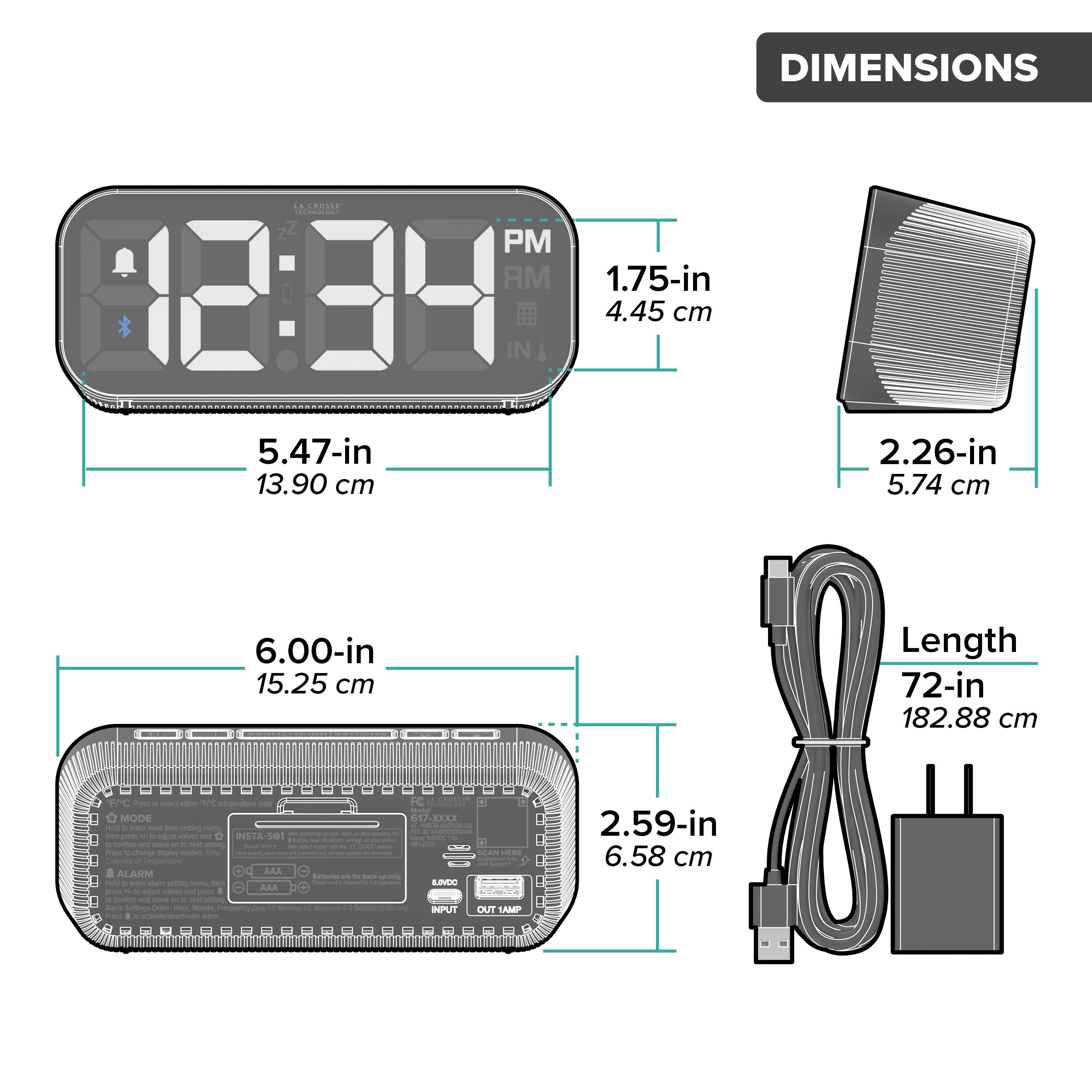 DIMENSIONS

- 1.75-in (4.45 cm)
- 5.47-in (13.90 cm)
- 2.26-in (5.74 cm)
- 6.00-in (15.25 cm)
- Length: 72-in (182.88 cm)

MODE
- ALARM
- AM
- AAA

INPUT - OUT 1AMP
- 2.59-in (6.58 cm)