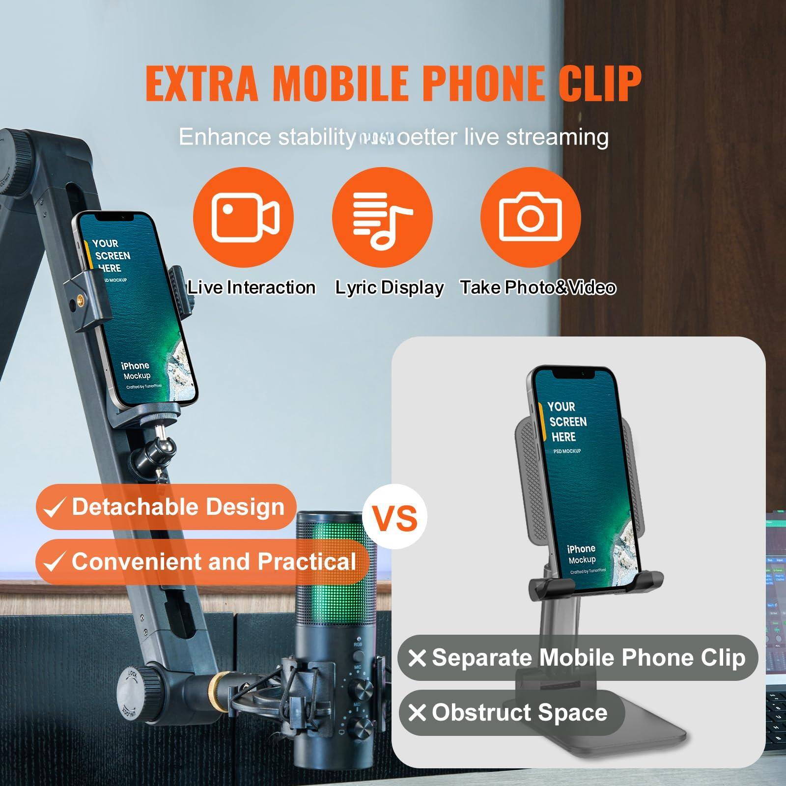 **EXTRA MOBILE PHONE CLIP**

Enhance stability for better live streaming

- Live Interaction
- Lyric Display
- Take Photo & Video

**iPhone Mockup**

- Detachable Design
- Convenient and Practical

**VS**

- Separate Mobile Phone Clip
- Obstruct Space
