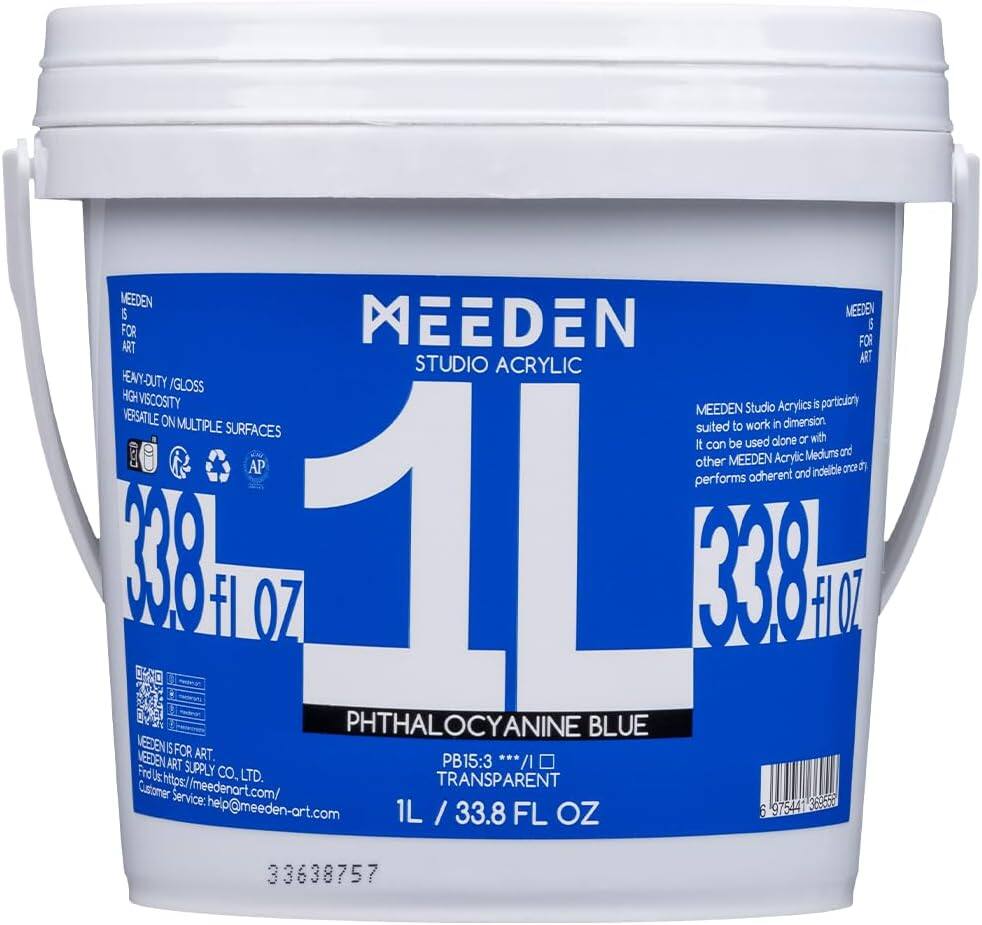 MEEDEN IS MEEDEN ART FOR MEEDEN FOR 5 STUDIO ART ACRYLIC HEAVY-DUTY /GLOSS HIGH VISCOSITY MEEDEN Studio Acrylics is particularly VERSATILE ON MULTIPLE SURFACES suited to work in dimension. It can be used alone or with other MEEDEN Acrylic Mediums and other MEEDEN Acrylics. It performs adherent and indelible. 33.8 fl OZ 1L 33.8 fl OZ PHTHALOCYANINE BLUE MEEDEN IS FOR MEEDEN ART. PB15:3 Find ART SUPPLY Us: https://meedenart.com/ Customer Service: help@meeden-art.com 97544 369556 1L 33.8 FL OZ 6 33638757