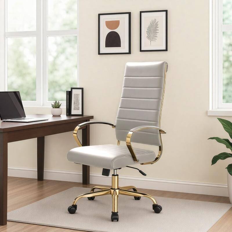 Angle. LeisureMod - Set of 2 Benmar High-Back Leather Conference Desk Office Chair with Gold Frame, Adjustable, Swivel and Tilt - Tan.