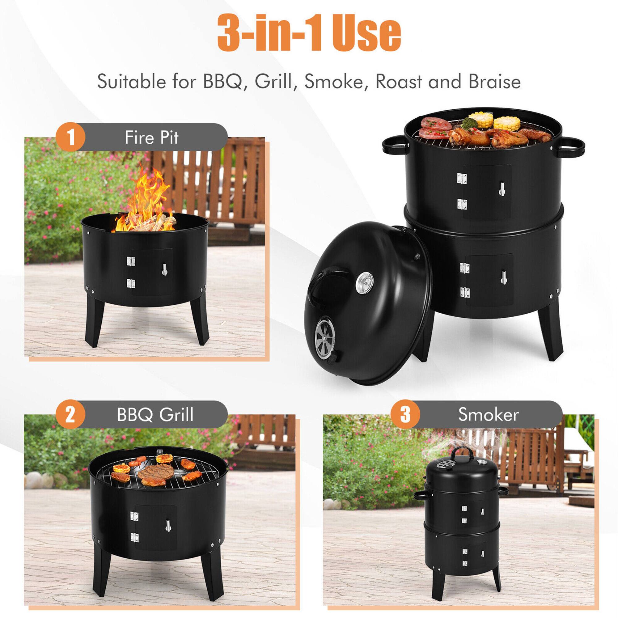 3-in-1 Use  
Suitable for BBQ, Grill, Smoke, Roast and Braise  

1. Fire Pit  
2. BBQ Grill  
3. Smoker