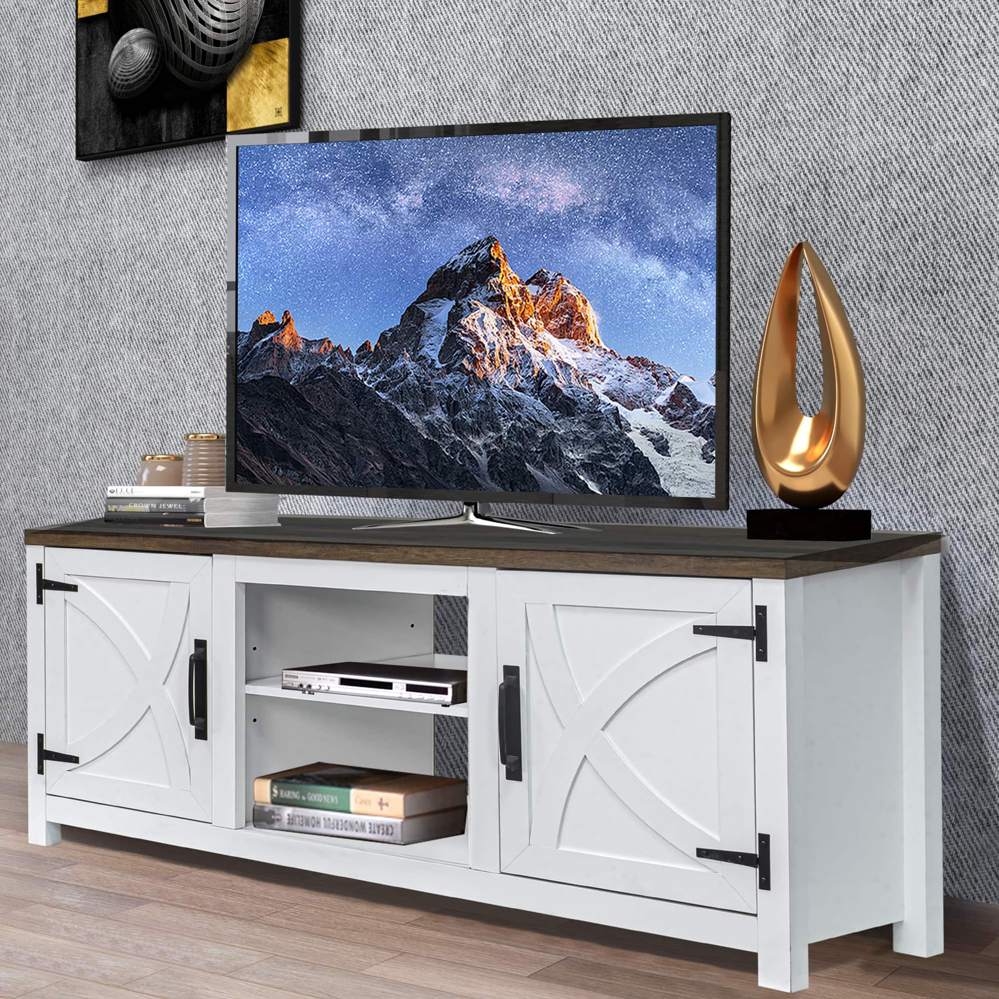 Ihomeadore - 58" Farmhouse TV Stand with Open Storage Shelves and Cabinets for TV up to 65" - White