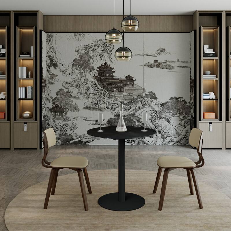 Left. LeisureMod - Vail 27 Inch Round Dining Table with Stone Top and Black Metal Base, Modern Small Kitchen Bistro Accent Table - Black.