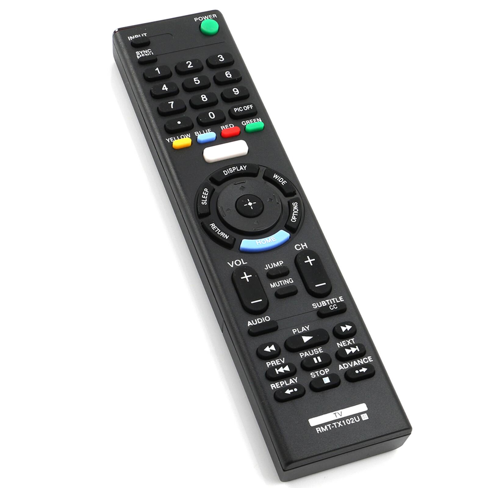 POWER INDI IT BYNC 3 2 1 6 5 4 9 8 7 PIC OFF PIC 0 GREEN RED OW BLUE YELLOW DISPLAY WIDE SLEEP OPTIONS RETURN HOME CH VOL JUMP + + MUTING - - SUBTITLE cc AUDIO PLAY NEXT PAUSE HH PREV " ADVANCE STOP REPLAY TV RMT-TX102U