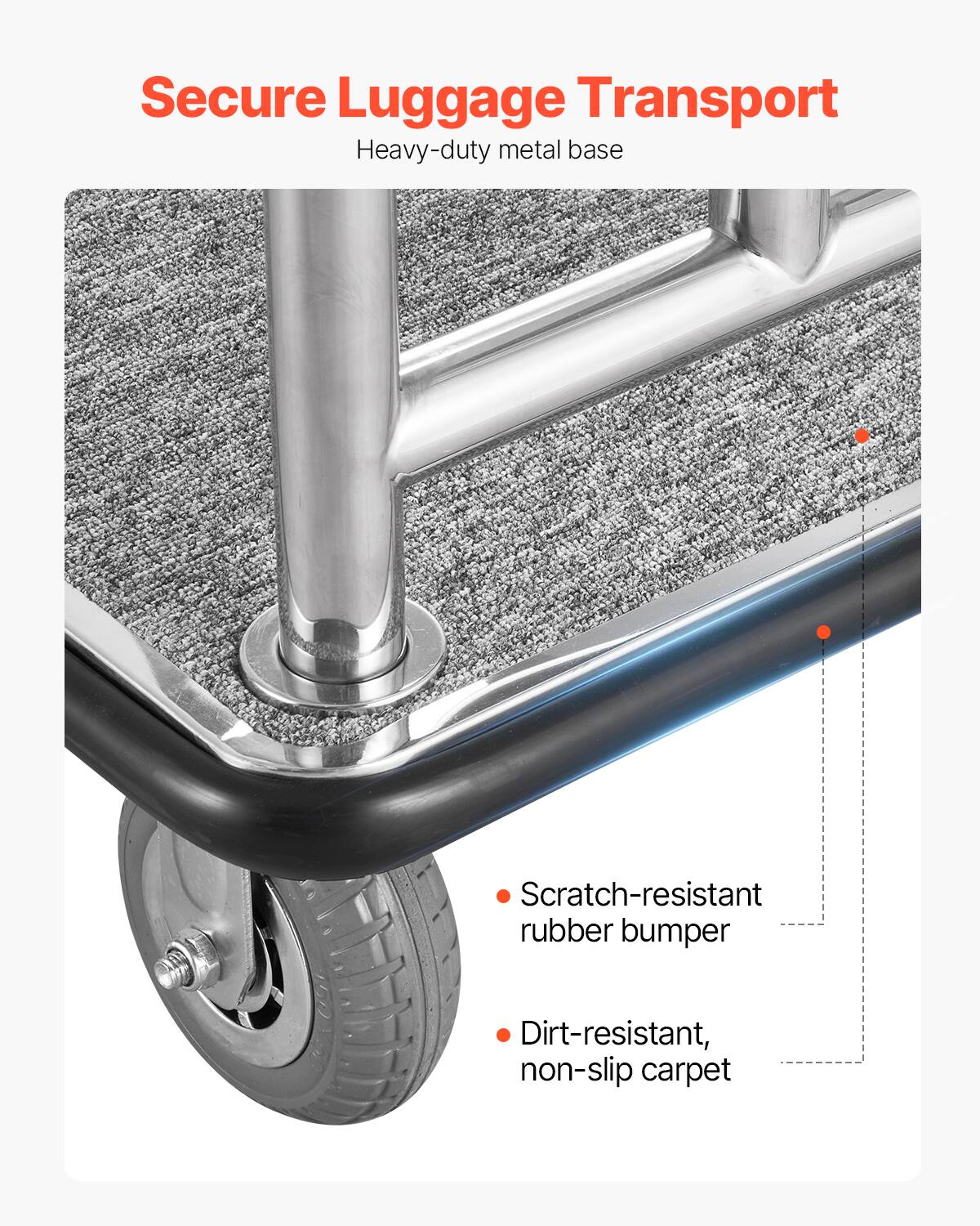 Secure Luggage Transport  
Heavy-duty metal base  

- Scratch-resistant rubber bumper  
- Dirt-resistant, non-slip carpet