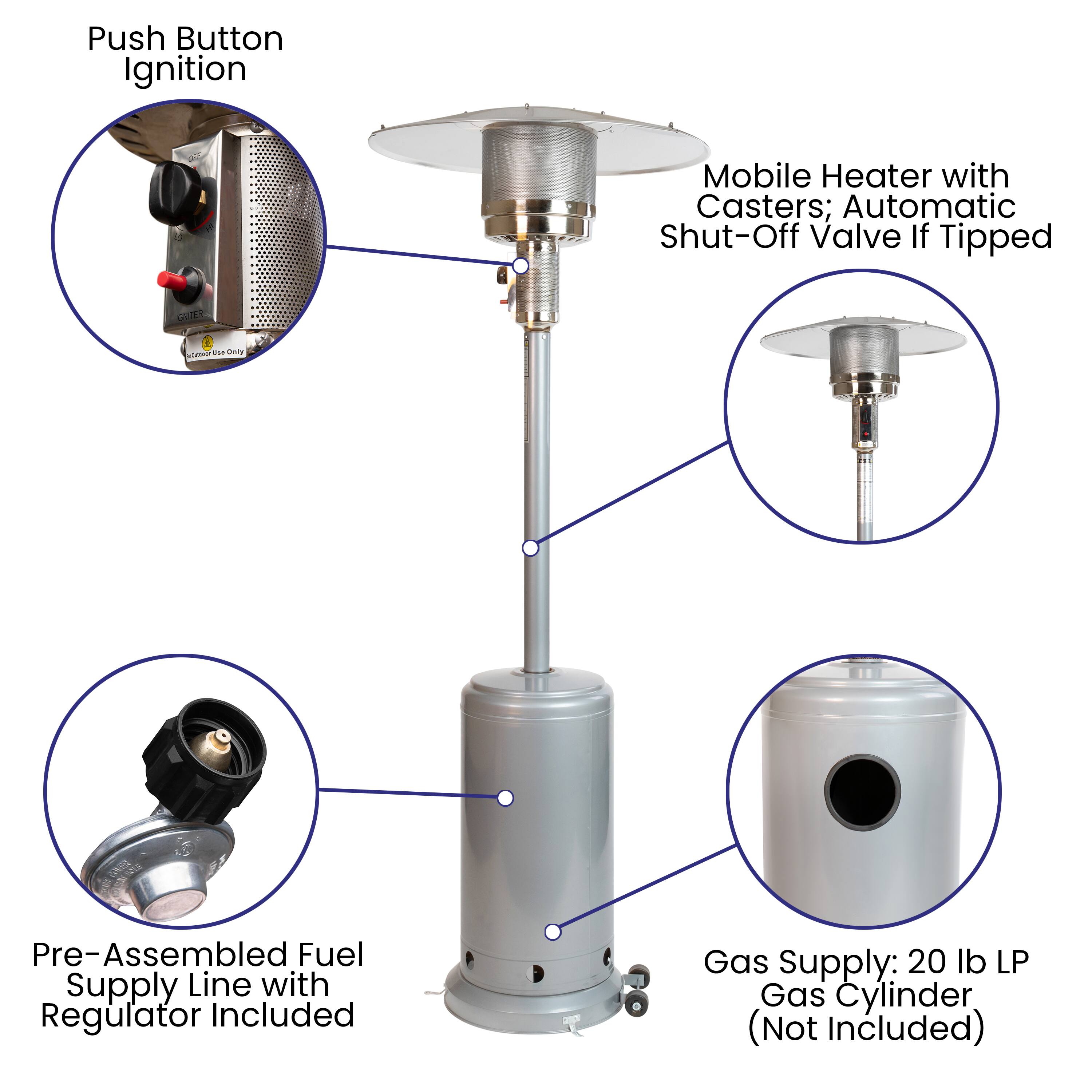 Push Button Ignition Mobile Heater with Casters; Automatic Shut-Off Valve If Tipped; Pre-Assembled Fuel Supply Line with Regulator Included; Gas Supply: 20 lb LP Gas Cylinder (Not Included)