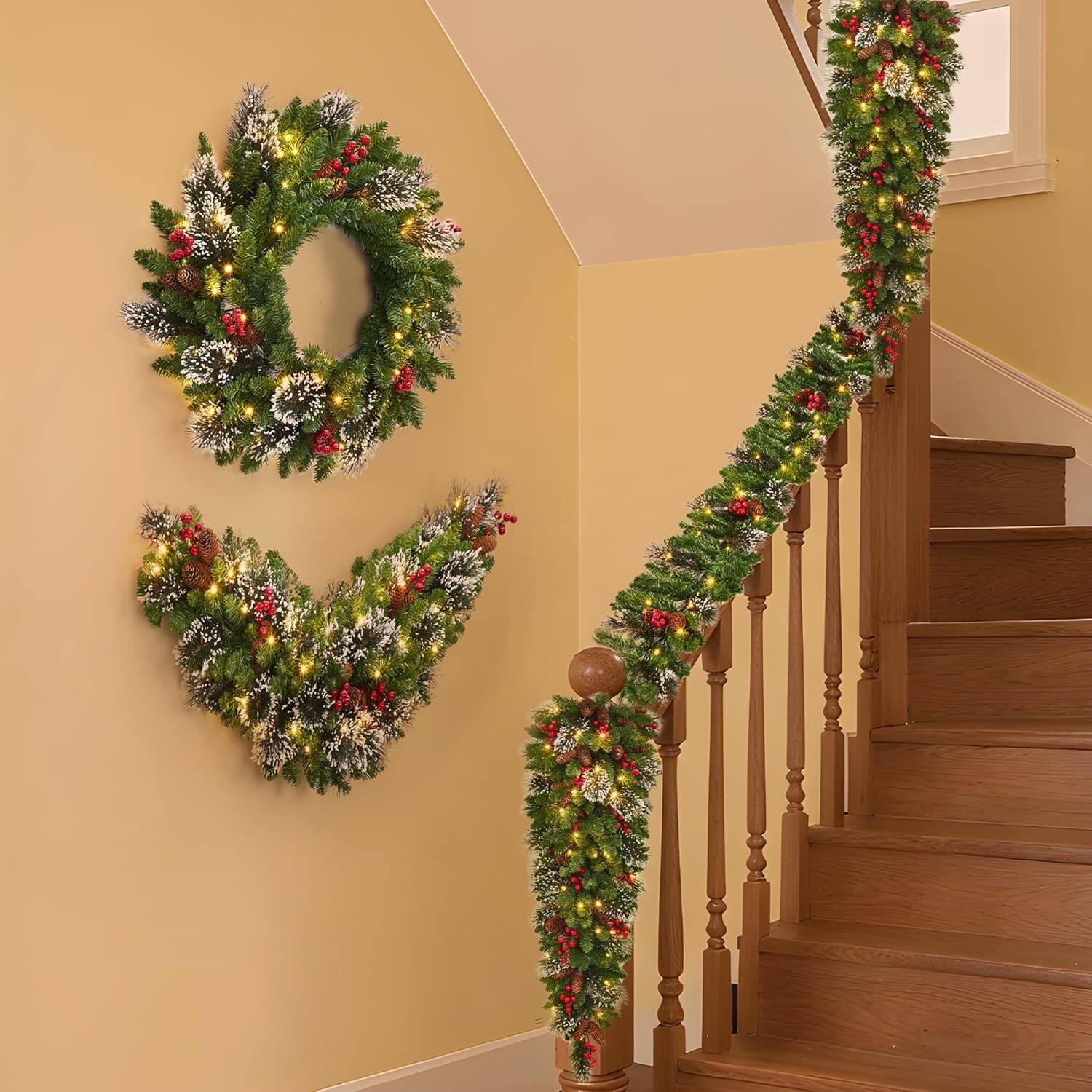 Alt View 5. Jojoka - Multi Size Green Christmas Wreath and Garland Set Pre-Lit for Indoor Outdoor Holiday Decorations - Green.