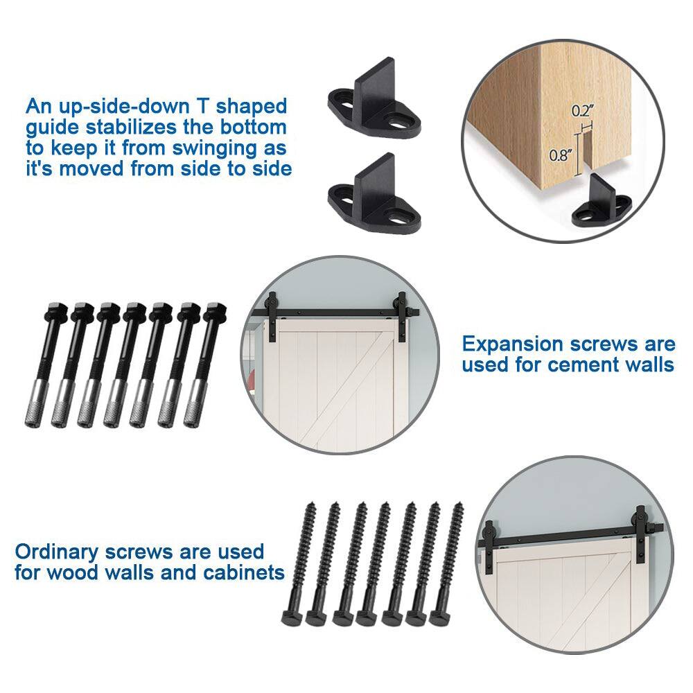 An up-side-down T shaped guide stabilizes the bottom to keep it from swinging as it's moved from side to side

Expansion screws are used for cement walls

Ordinary screws are used for wood walls and cabinets