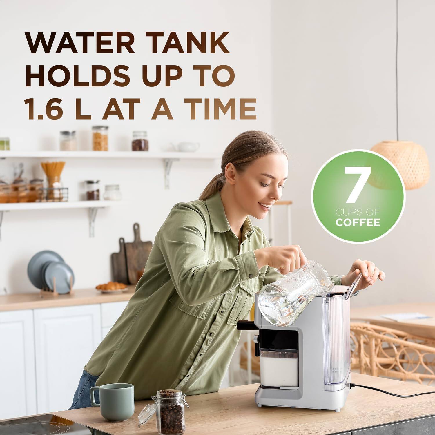 The corrected text is: "Water tank holds up to 1.6 L at a time. 7 cups of coffee."