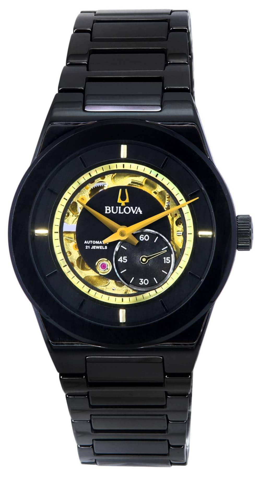 Bulova - Modern Millennia Automatic 21 Jewels 98A291 Mens Watch Semi Skeleton Dial Ceramic Bracelet 30M - Black