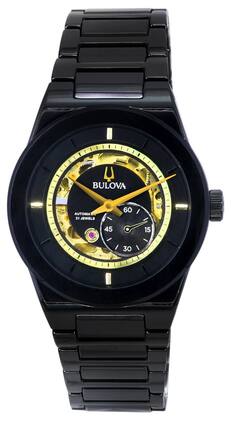 Bulova - Modern Millennia Automatic 21 Jewels 98A291 Mens Watch Semi Skeleton Dial Ceramic Bracelet 30M - Black
