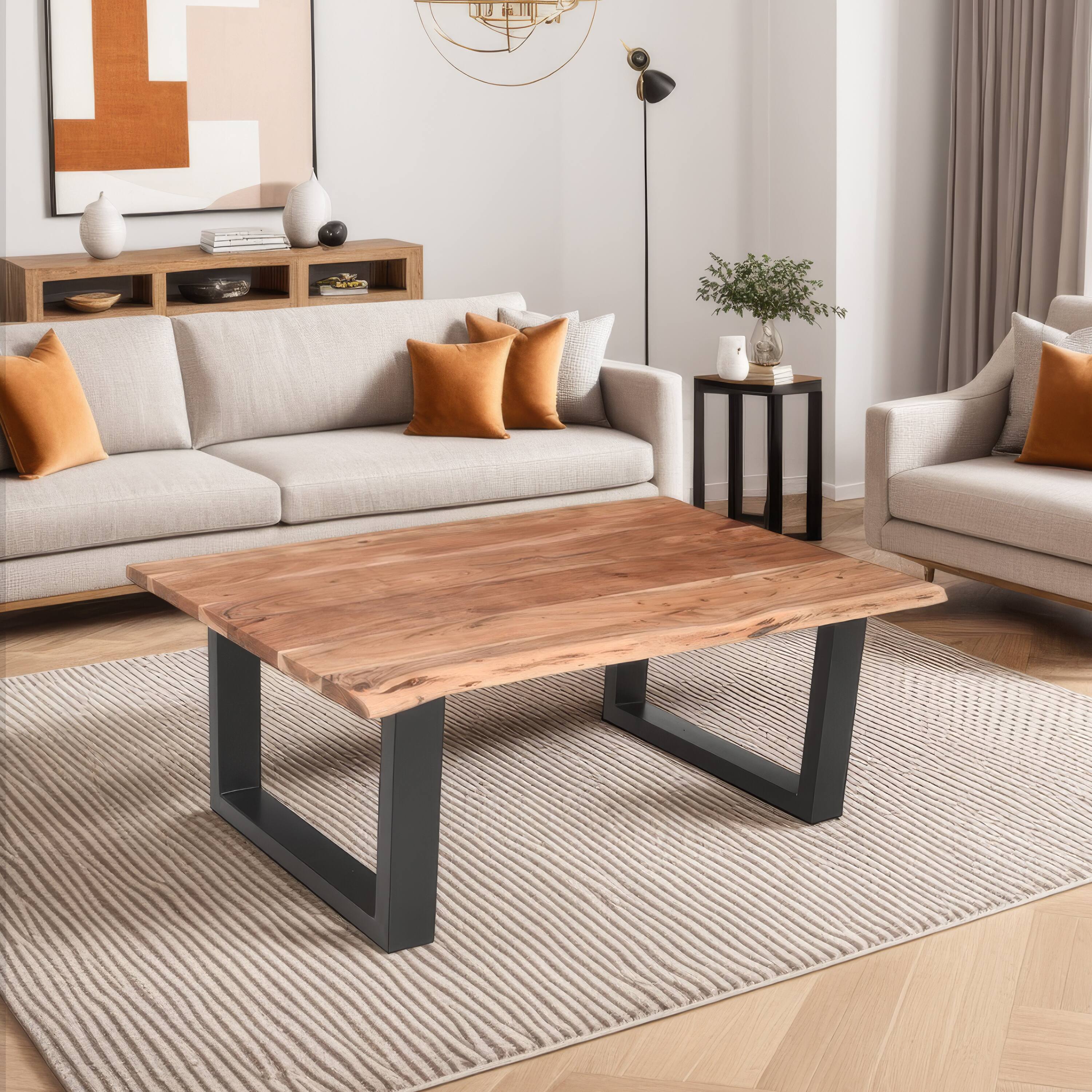 Alt View 9. Manhattan Lane - 45 Inch Acacia Wood Rectangular Coffee Table, Live Edge Details, Black Powder Coated Metal Sled Base - Natural Brown and Black.