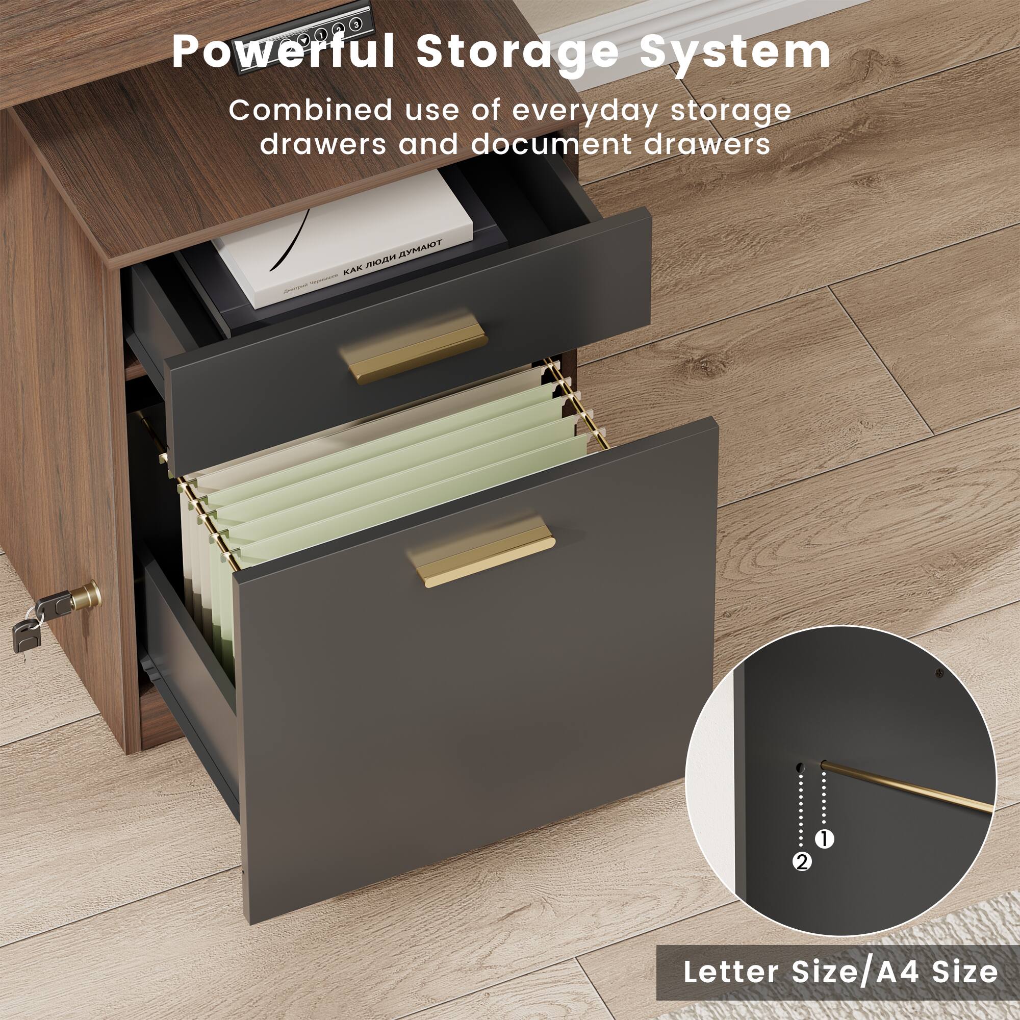 Powerful Storage System  
Combined use of everyday storage drawers and document drawers  
Letter Size/A4 Size