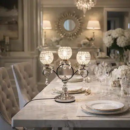 Front. FC Design - 18.5"H Elegant Silver Arm Stand w/ Three Faux Crystal Mesh Globes Touch Lamp.