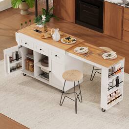 Bestier - 85.5-Inch Rolling Kitchen Island with Extendable Dining Table, Power Outlet, 3 Drawers, 2 Doors and Side Open Shelves - White