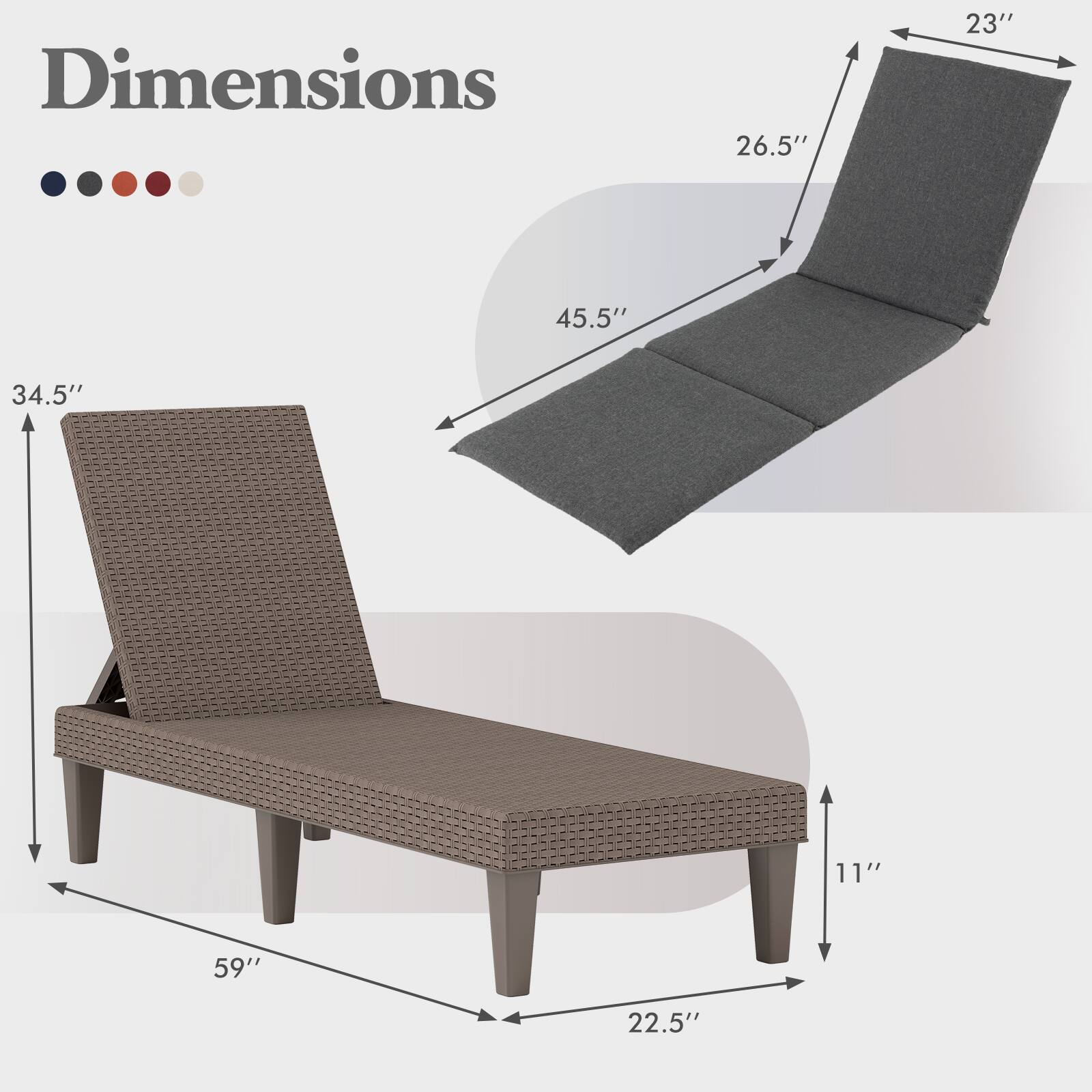 Dimensions:  
- Length: 59"  
- Width: 22.5"  
- Height: 34.5"  
- Seat Height: 11"  
- Seat Depth: 23"  
- Back Height: 26.5"  
- Back Width: 45.5"