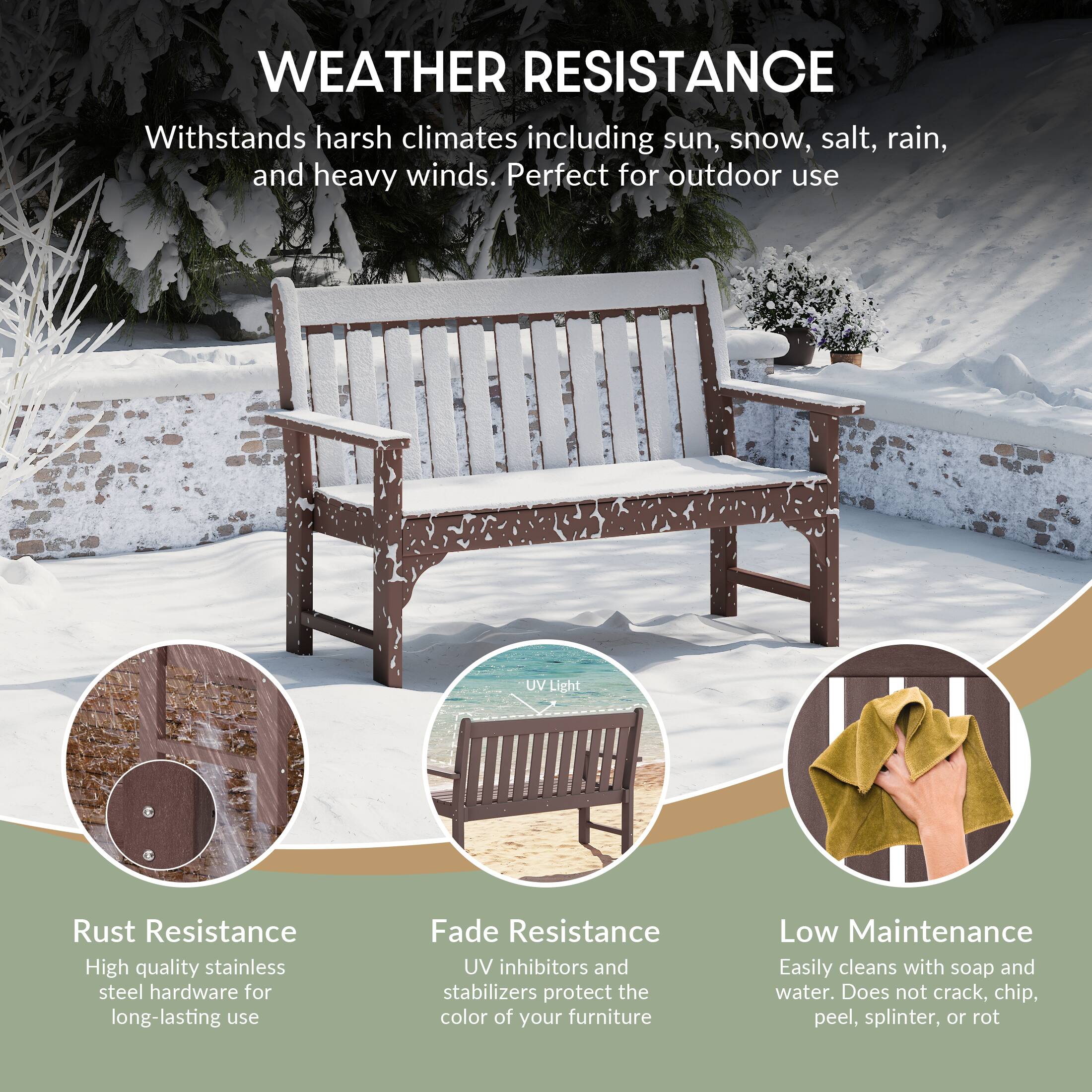 WEATHER RESISTANCE  
Withstands harsh climates including sun, snow, salt, rain, and heavy winds. Perfect for outdoor use

UV V Light

Rust Resistance  
High quality stainless steel hardware for long-lasting use

Fade Resistance  
UV inhibitors and stabilizers protect the color of your furniture

Low Maintenance  
Easily cleans with soap and water. Does not crack, chip, peel, splinter, or rot