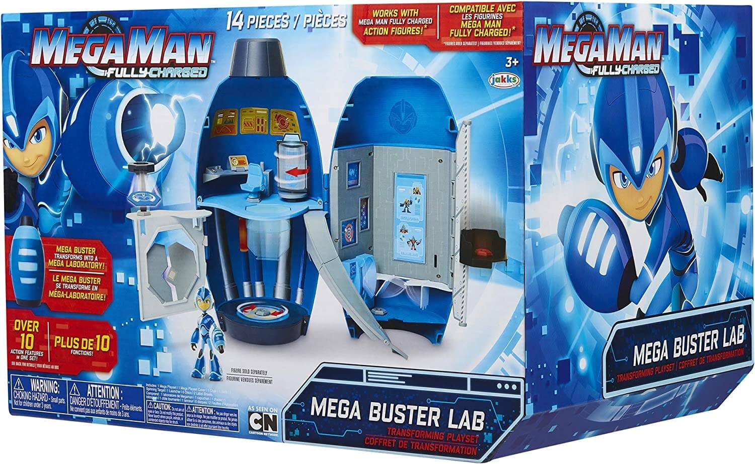 **Front:**

- **Top Left:**
  - "MEGAMAN FULLY CHARGED"
  - "14 PIECES / 14 PIÈCES"

- **Top Right:**
  - "MEGAMAN FULLY CHARGED"
  - "3+"
  - "jakks"

- **Middle Left:**
  - "WORKS WITH MEGA MAN FULLY CHARGED ACTION FIGURES!"
  - "COMPATIBLE AVEC LES FIGURINES MEGA MAN FULLY CHARGED!"

- **Middle:**
  - "MEGA BUSTER TRANSFORMS INTO A MEGA LABORATORY!"
  - "LE MEGA BUSTER SE TRANSFORME EN MEGA LABORATOIRE!"

- **Bottom Left:**
  - "OVER 10 ACTION FEATURES IN ONE SET!"
  - "PLUS DE 10 FONCTIONS DANS UN SEUL SET!"

- **Bottom:**
  - "MEGA BUSTER LAB"
  - "TRANSFORMING PLAYSET / COFFRET DE TRANSFORMATION"

- **Bottom Left Corner:**
  - "WARNING: CHOKING HAZARD - Small parts. Not for children under 3 years."
  -