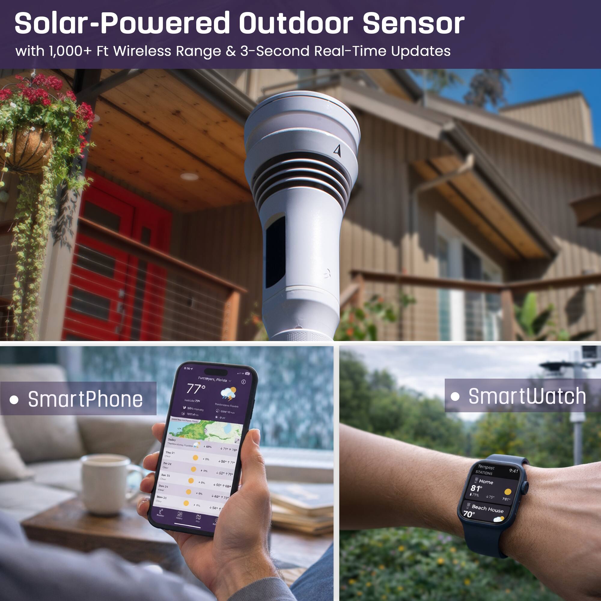 Solar-Powered Outdoor Sensor with 1,000+ Ft Wireless Range & 3-Second Real-Time Updates

- Smartphone
- SmartWatch

Solar-Powered Outdoor Sensor
with 1,000+ Ft Wireless Range & 3-Second Real-Time Updates