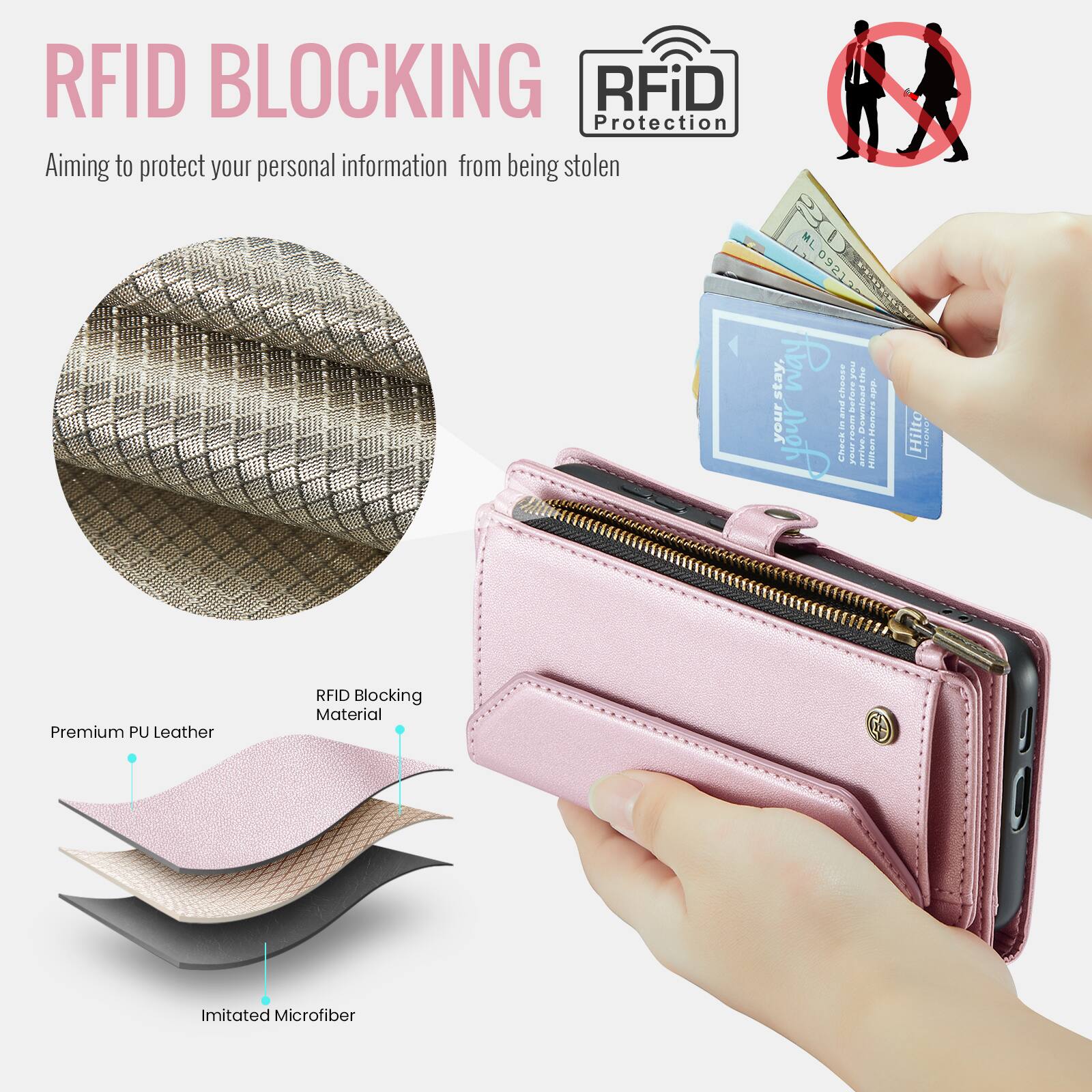 RFID BLOCKING  
Aiming to protect your personal information from being stolen  

RFiD Protection  

Premium PU Leather RFID Blocking Material Imitated Microfiber