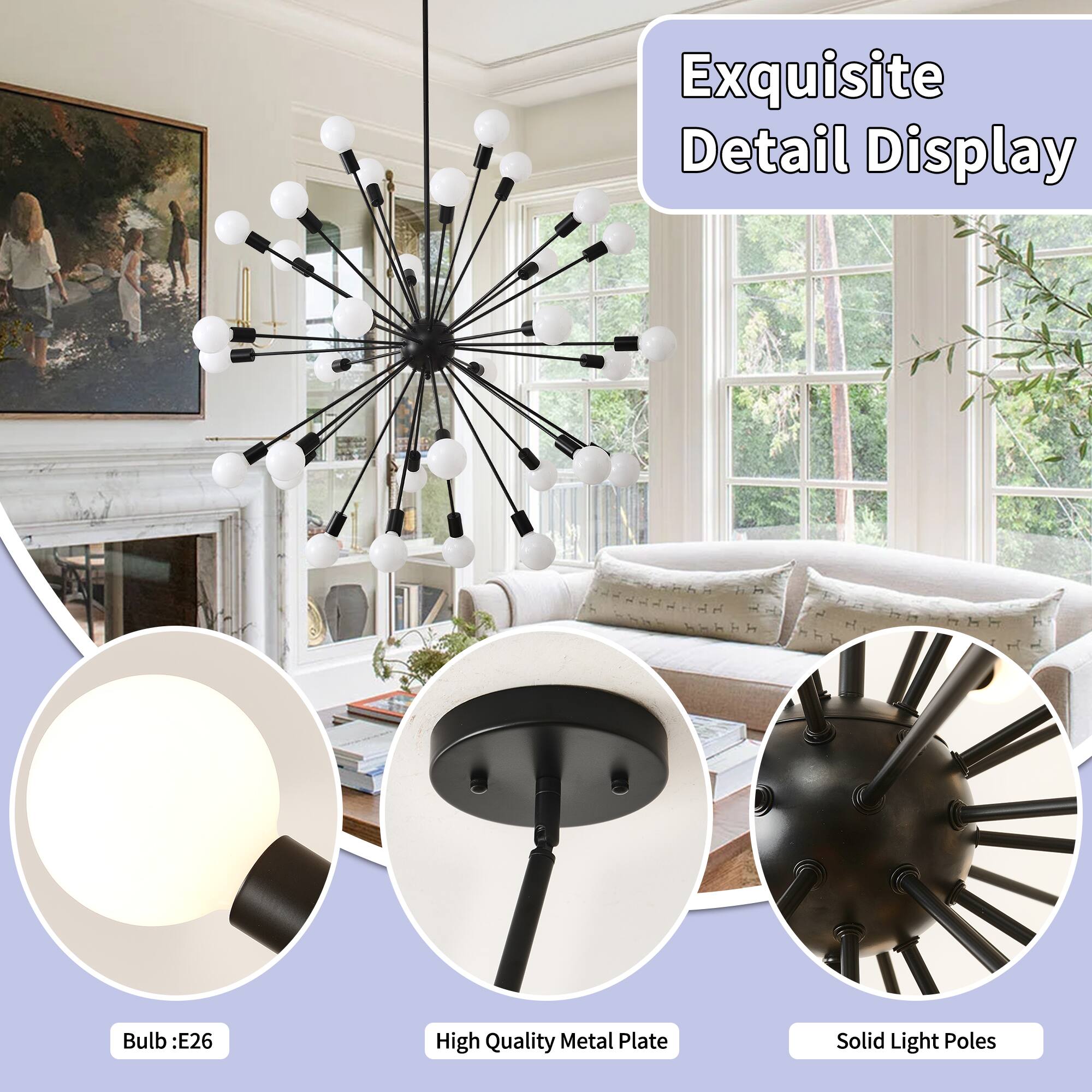 Exquisite Detail Display

Bulb: E26

High Quality Metal Plate

Solid Light Poles