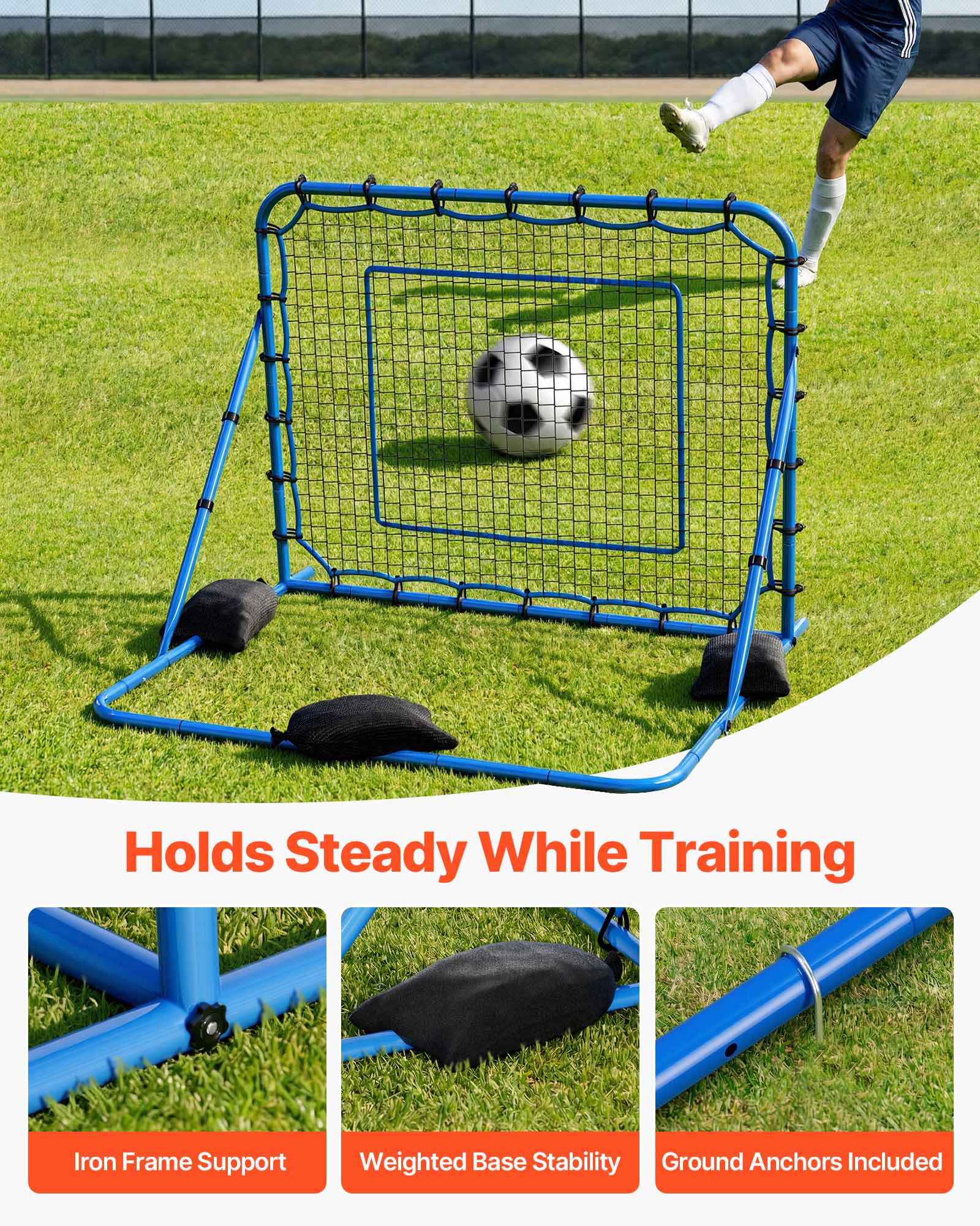 Holds Steady While Training

Iron Frame Support  
Weighted Base Stability  
Ground Anchors Included