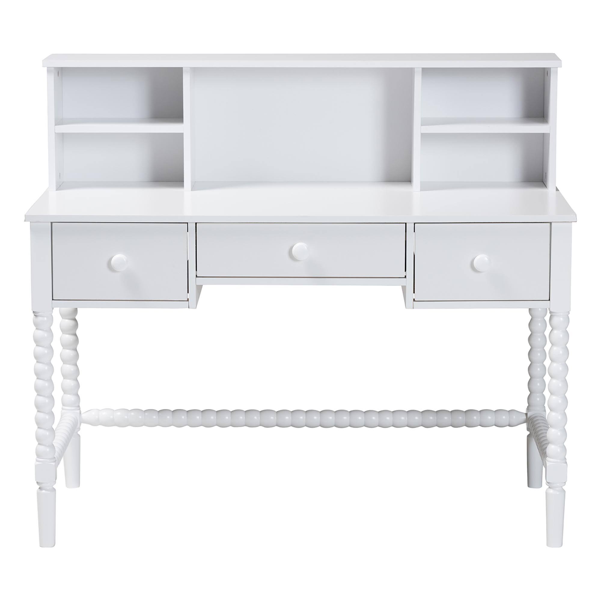 Left. Baxton Studio - Baxton Studio Archwood Writing Desk with Hutch - 3-Drawer Wood Desk with Bobbin Design, White - White.