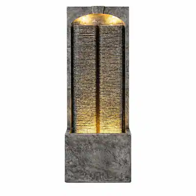 Front. RYHNUYNE - 39" H Outdoor Cascading Water Fountain with LED Lights – Resin Fiberglass Freestanding Water Feature with Quiet Pump.