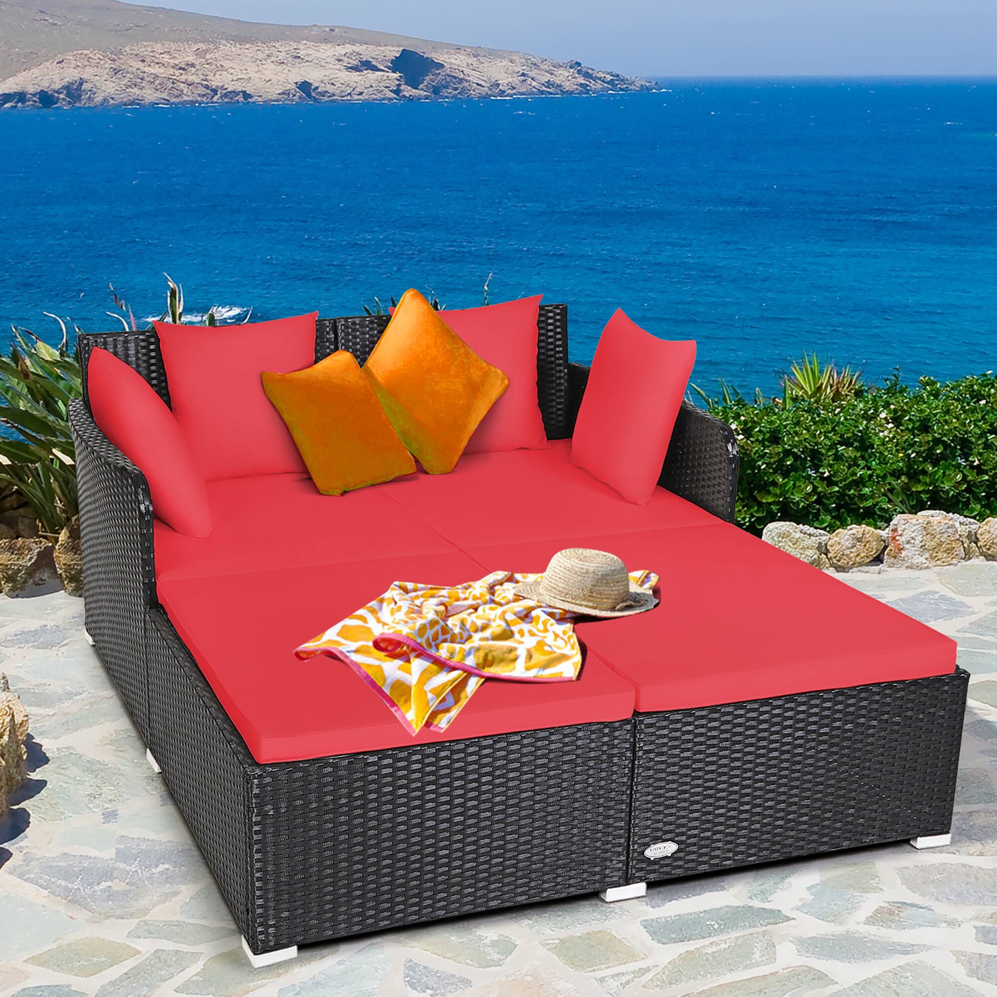 Alt View 1. Costway - Outdoor Patio Rattan Daybed Pillows Cushioned Sofa Furniture - Red.