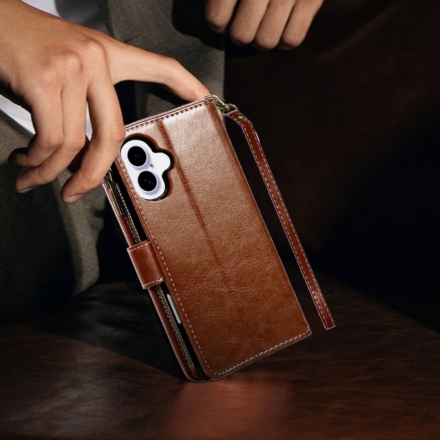 Alt View 6. Equipd - Phone Case for iPhone 16 (6.1"), Luxury Wallet Card ID Zipper Money Holder Cover - Brown.