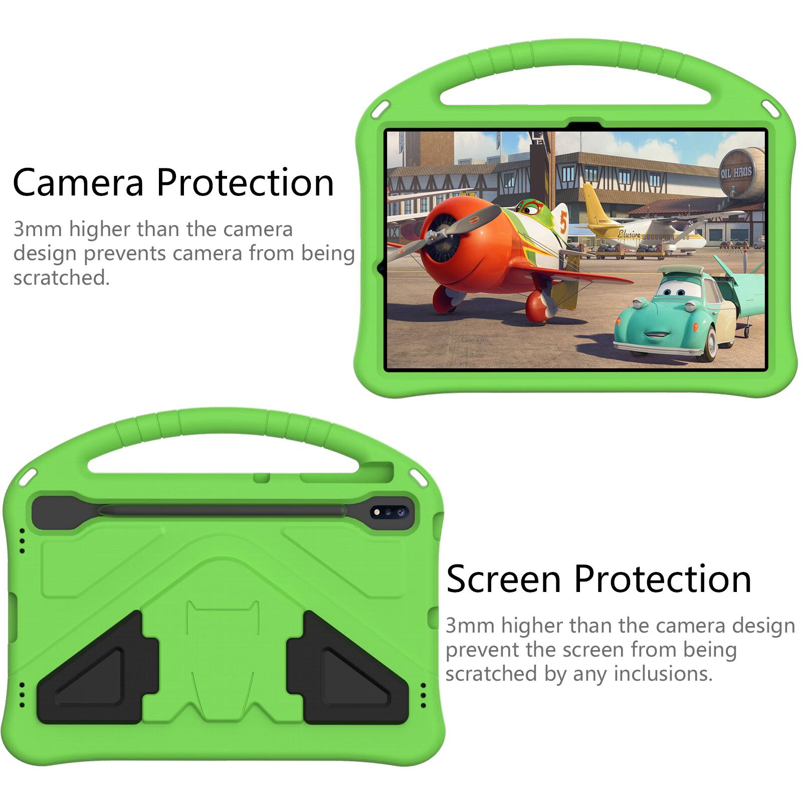 Camera Protection  
3mm higher than the camera design prevents camera from being scratched.  

Screen Protection  
3mm higher than the camera design prevents the screen from being scratched by any inclusions.