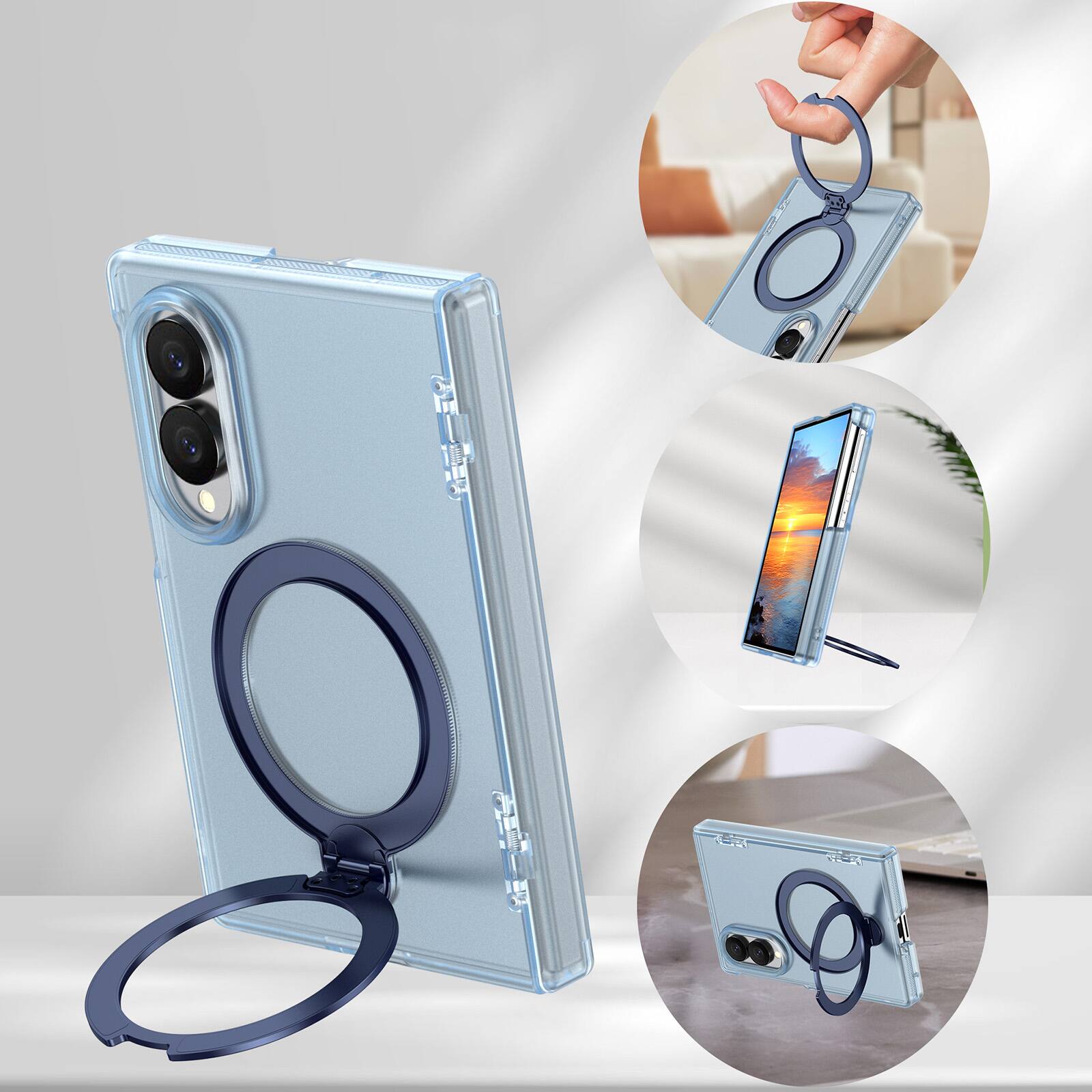 Left. Dteck - Shockproof Frosted Phone Case for Samsung Galaxy Z Fold8 with Ring Stand, Rugged Slim Magnetic Rigid Plastic Hinge Cover - Matteblue.