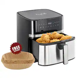MegaChef - 8.5 Quart Bundle Electric Air Fryer and Stainless Steel with 125 Piece Paper Liners - Black