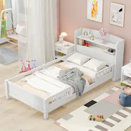 Loheer - Twin Size Platform Bed, Wood Twin Bed with Built-in LED Light, Storage Headboard and Guardrail - White