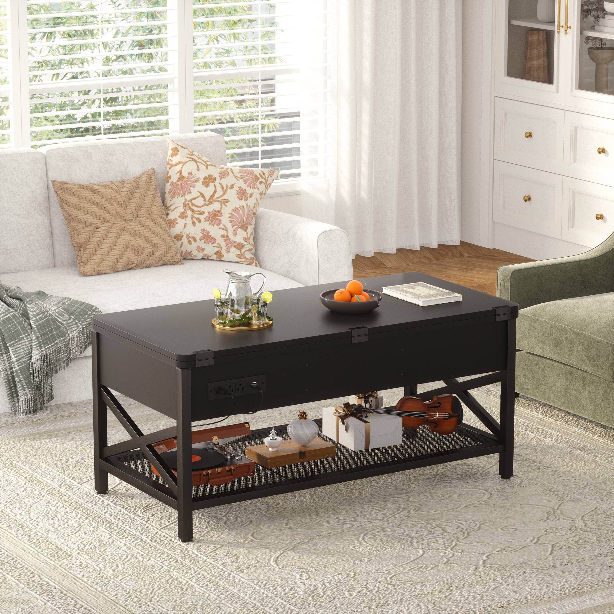 Back. Aheaplus - Convertible Lift Top Coffee Table: LED Lights & Power Outlet, Multi-Function Center Table for Living Room - Black.