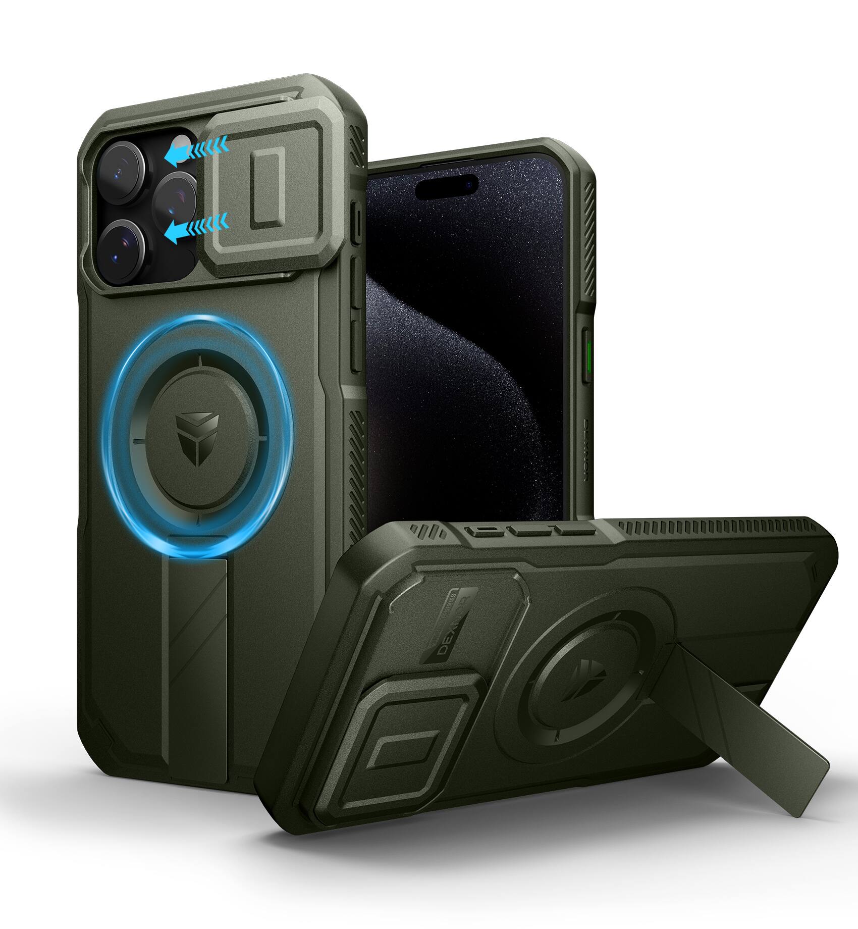 Angle. Dexnor - Phone Case for iPhone 15 Pro Max with Slide Camera Cover, Compatible with MagSafe Heavy-Duty Rugged Magnetic Shockproof - Army Green.