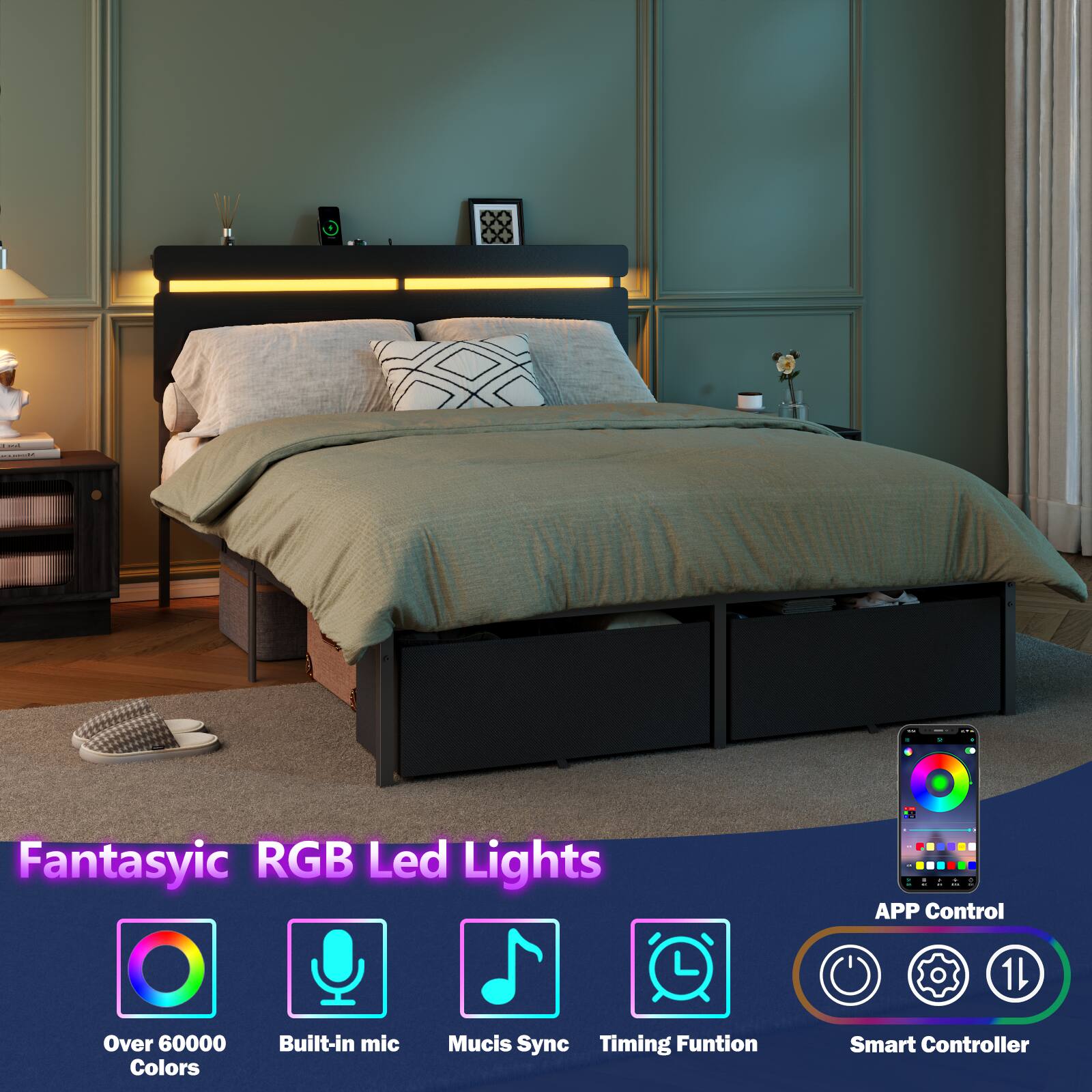 Fantasyic RGB Led Lights  
- APP Control  
- Over 60000 Colors  
- Built-in mic  
- Music Sync  
- Timing Function  
- Smart Controller