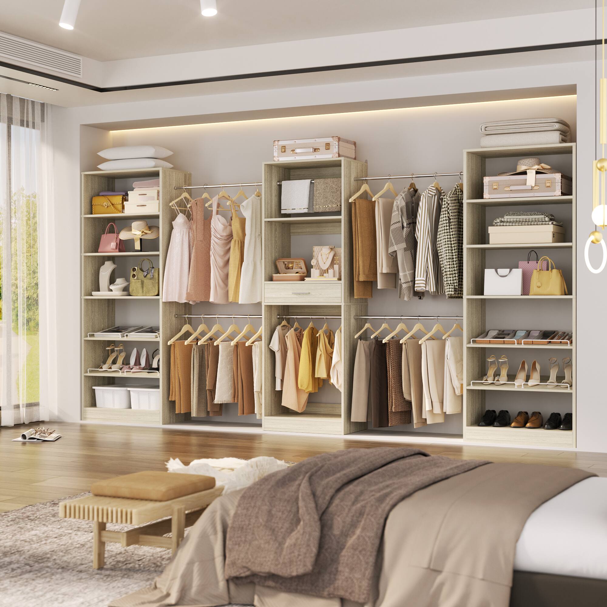 Alt View 2. Aheaplus - 146'' Closet System 3-Piece Set, Wardrobe System with Hanging Rods, Drawer and Adjustable Shelves - Beige Oak.