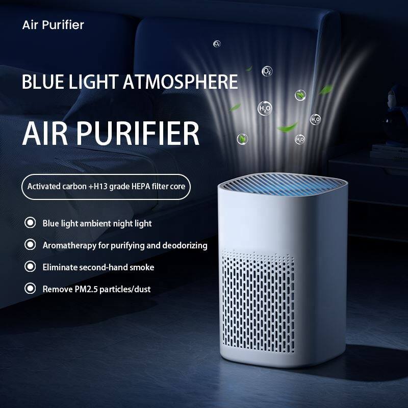 Air Purifier

BLUE LIGHT ATMOSPHERE AIR PURIFIER

- Activated carbon + H13 grade HEPA filter core
- Blue light ambient night light
- Aromatherapy for purifying and deodorizing
- Eliminate second-hand smoke
- Remove PM2.5 particles/dust