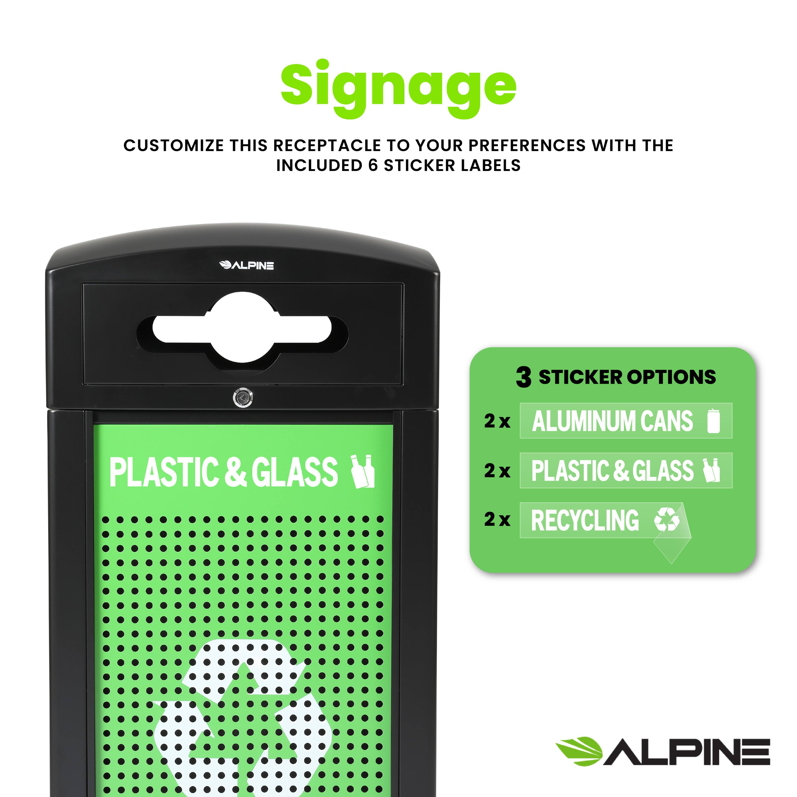 Signage, Customize this receptacle to your preferences with the included 6 sticker labels, Alpine, Plastic & Glass, 3 sticker options, 2x Aluminum cans, 2x Plastic & Glass, 2x Recycling, Alpine.