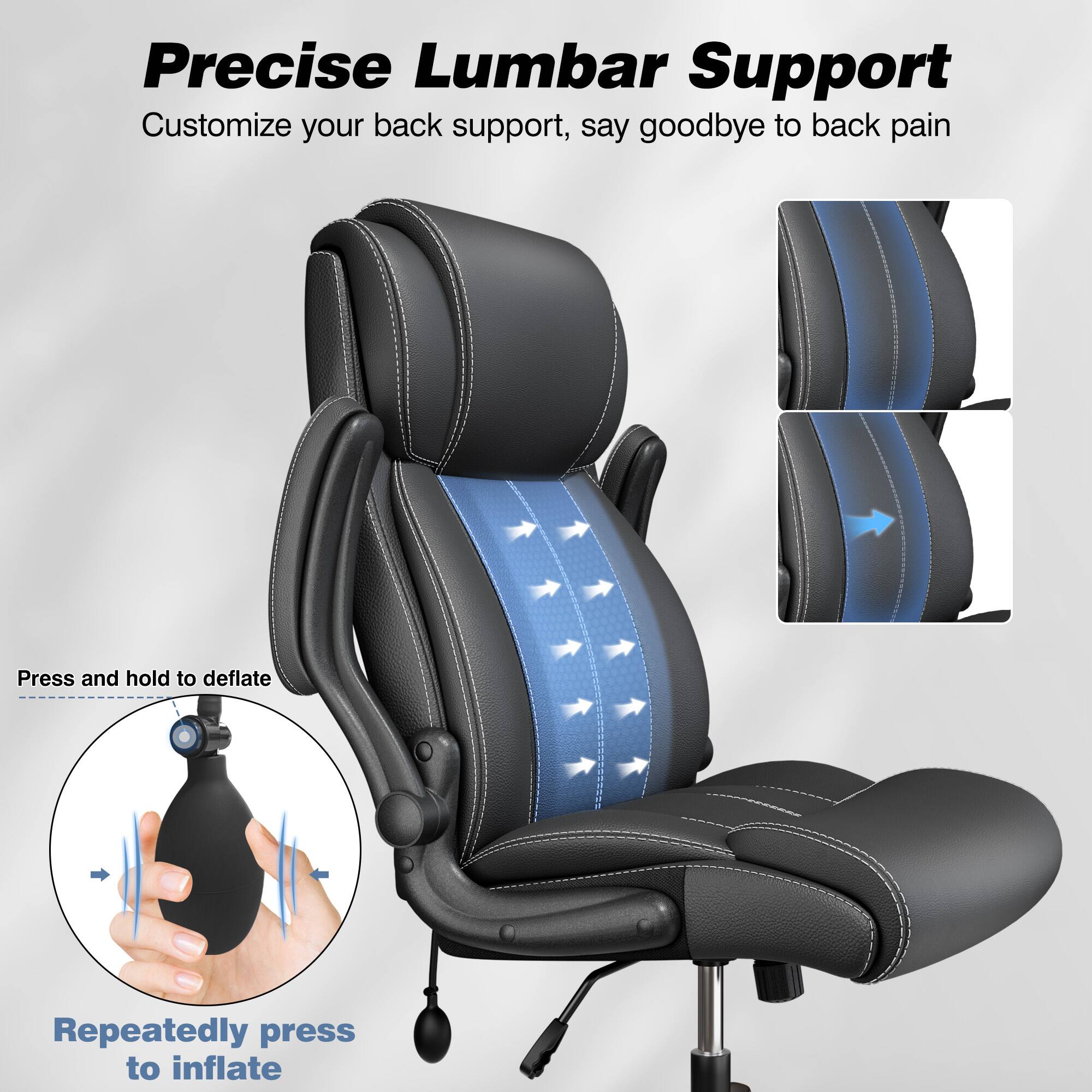 Precise Lumbar Support  
Customize your back support, say goodbye to back pain  

Press and hold to deflate  

Repeatedly press to inflate
