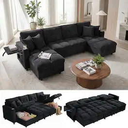 Anysun - U-Shaped Oversized Sleeper Sofa, Sectional Sleeper with Double Storage Chaise for Living Room – Chenille Fabric Couch - Black
