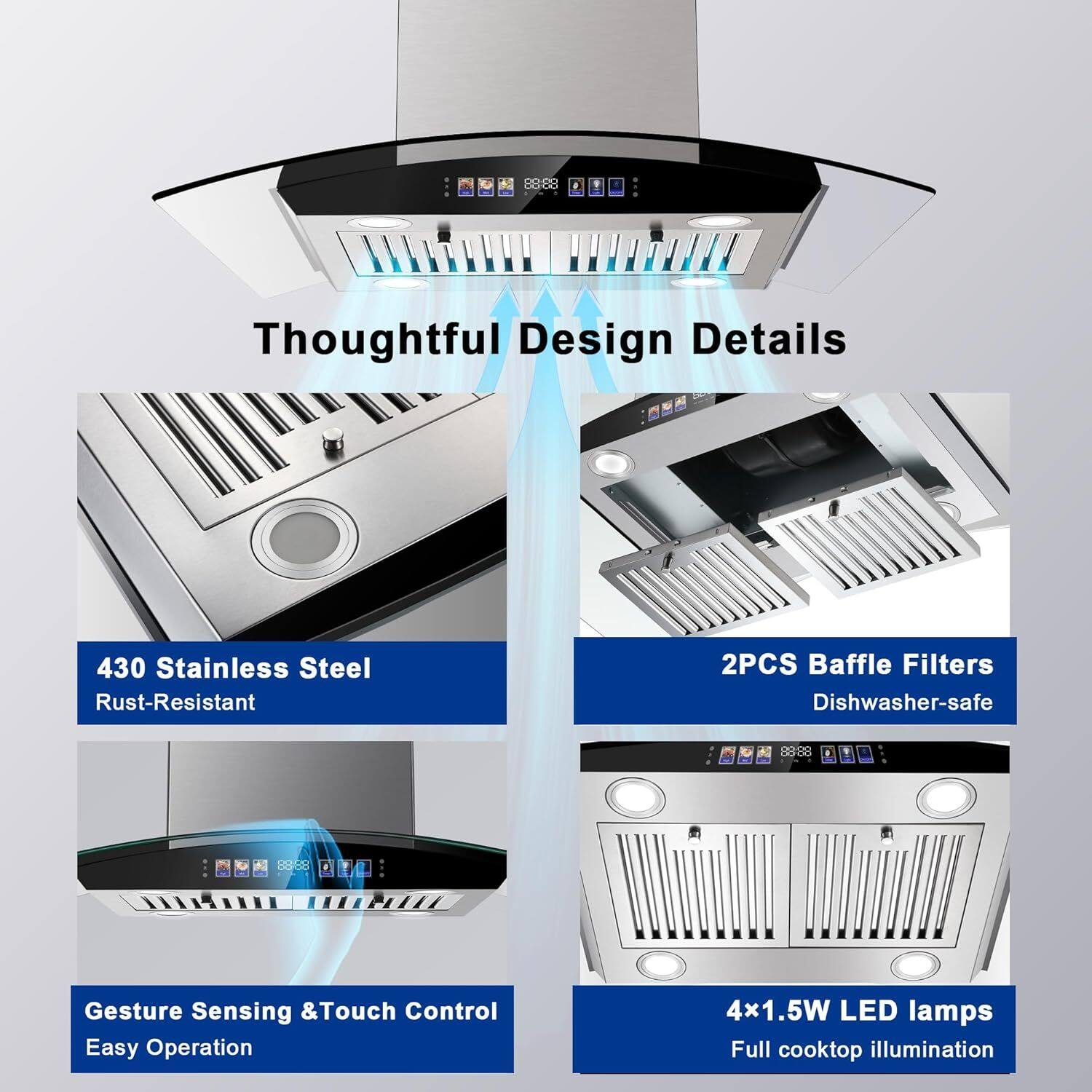 88.88 F Thoughtful Design Details  
430 Stainless Steel Rust-Resistant  
2PCS Baffle Filters Dishwasher-safe  
1.10003 F Gesture Sensing & Touch Control Easy Operation  
4x1.5W LED lamps Full cooktop illumination