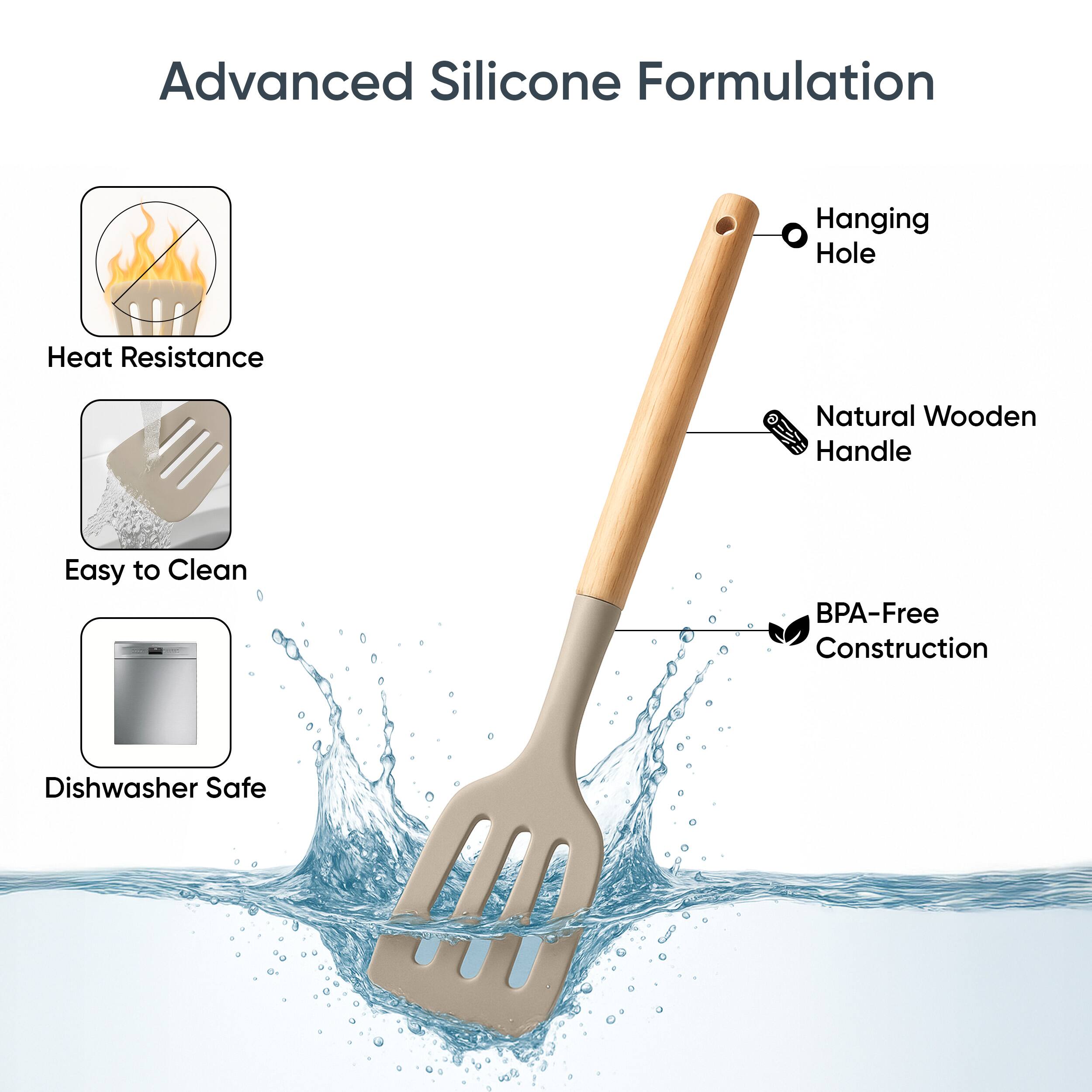 Advanced Silicone Formulation  
- Hanging Hole  
- Heat Resistance  
- Natural Wooden Handle  
- Easy to Clean  
- BPA-Free Construction  
- Dishwasher Safe