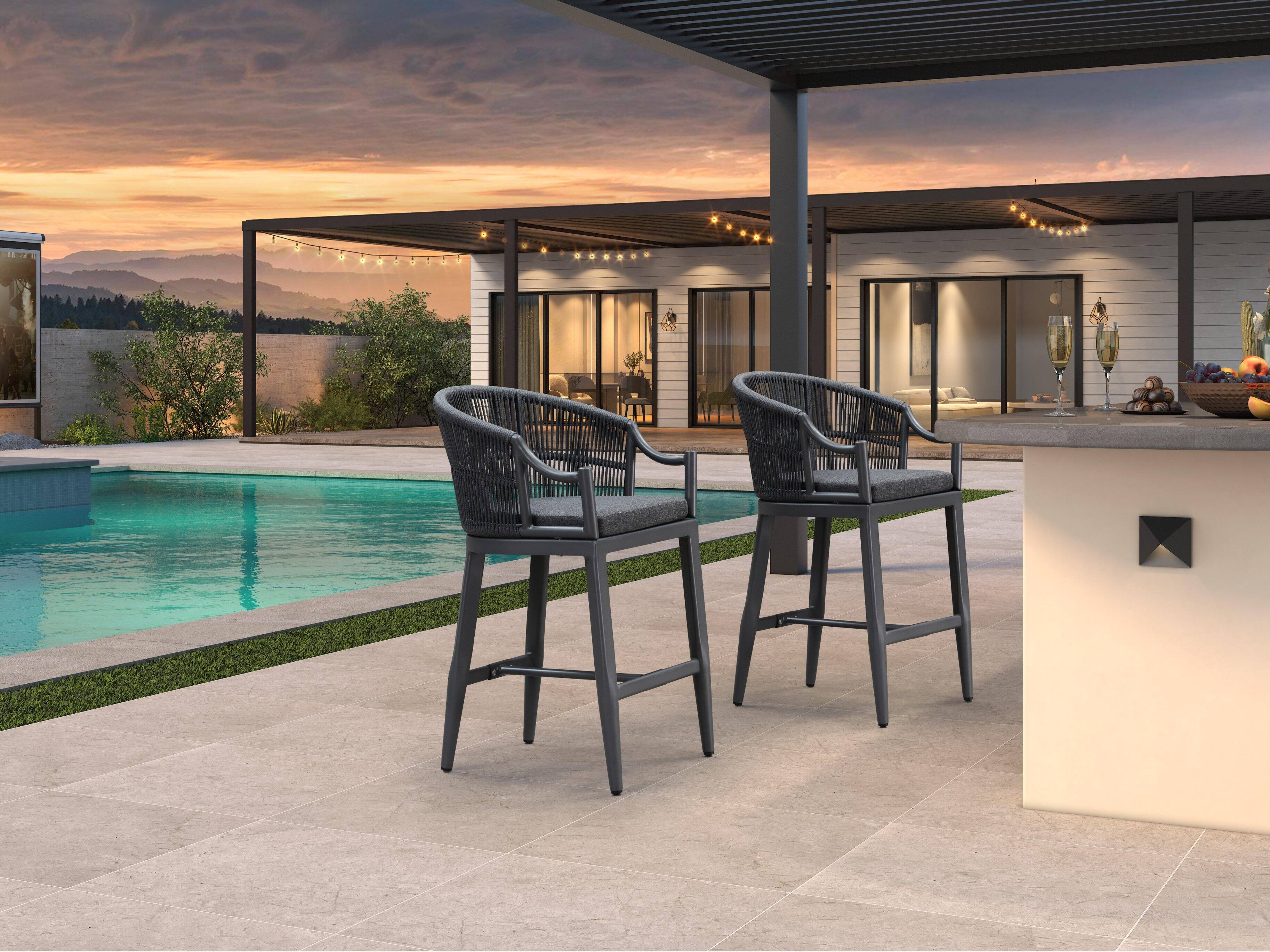 Alt View 1. PURPLE LEAF - Patio Counter Height Set of 2 Outdoor Rattan Chairs with Back Modern Aluminum Woven Barstools for Garden Indoor Kitchen - Grey-Counter Stool.