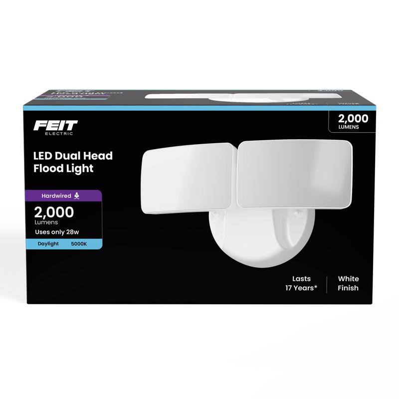 FEIT Electric LED Dual Head Flood Light  
2,000 Lumens  
Uses only 28w  
Daylight 5000K  
Lasts 17 Years*  
White Finish  
Hardwired