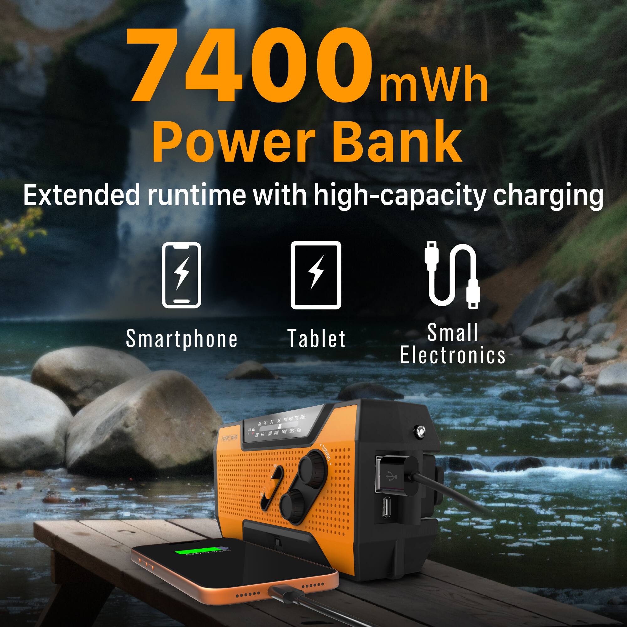 7400 mWh Power Bank  
Extended runtime with high-capacity charging  
Smartphone  
Tablet  
Small Electronics
