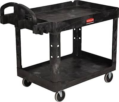 Front. RubberMaid - Heavy Duty 2-Shelf Plastic/Poly Mobile Utility Cart with Lockable Wheels - Black.